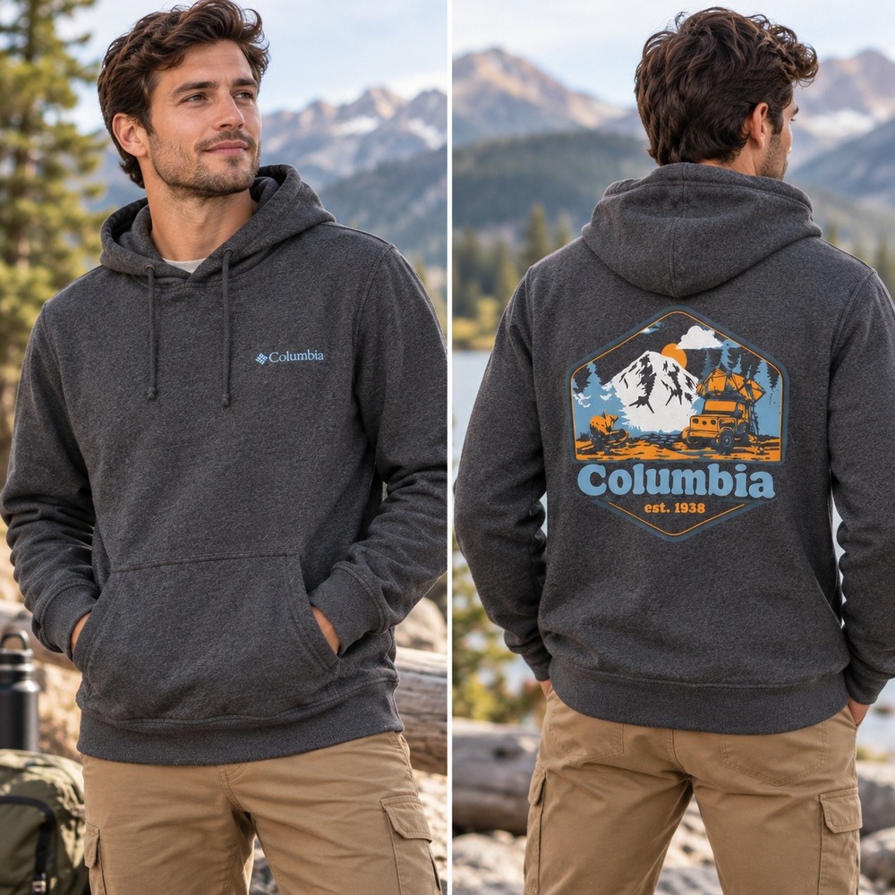 Columbia Mens Charcoal Gray Graphic Hoodie Mountain Jeep Camping Fleece Size M